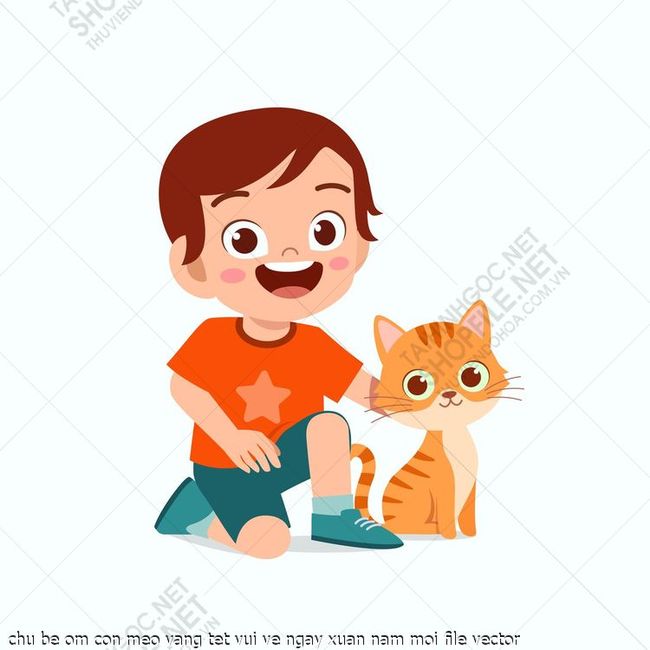 chu be om con meo vang tet vui ve ngay xuan nam moi file vector